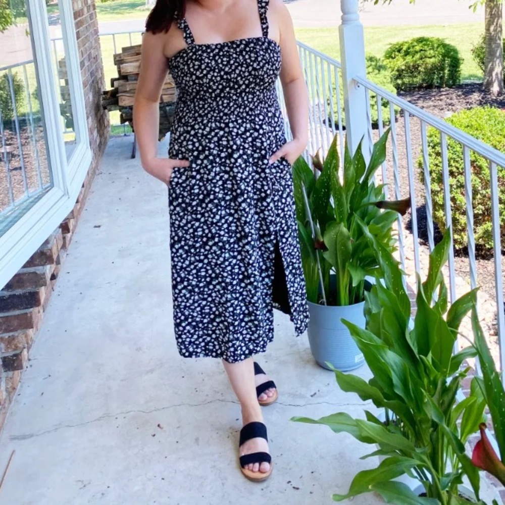 Black Floral Smocked Midi Dress